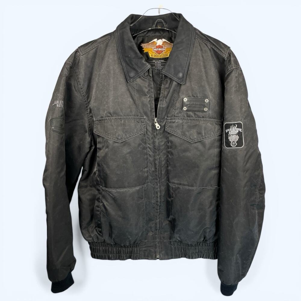 Vintage Harley Davidson Leather Collar Nylon Bomber Jacket Mens Lg Patches 2003